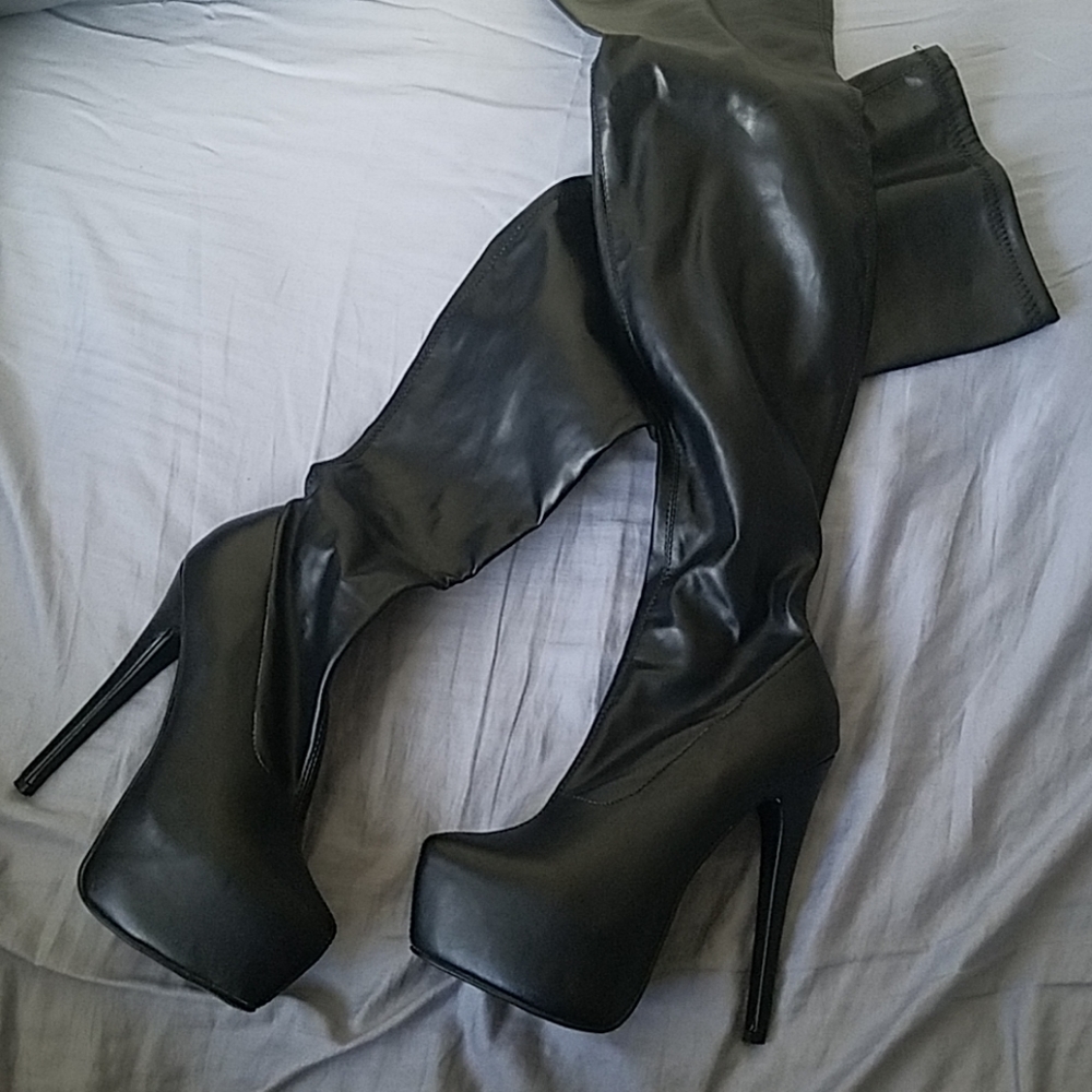Black Faux Leather Thigh-High Platform Heel Boots